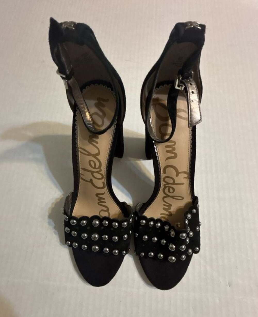 Sam Edelman Yoshi Black Suede Studded Ankle-Strap Block Heel Sandals
